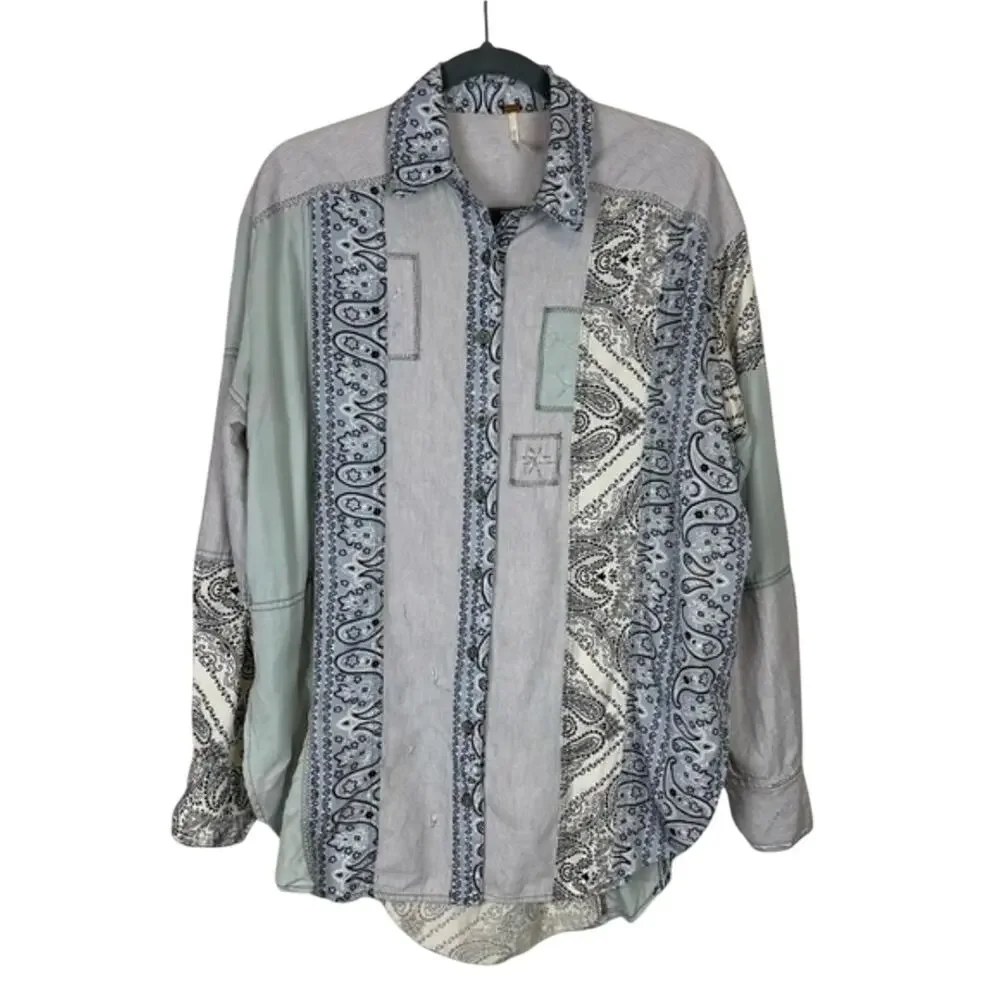 Free People Blue Distressed Patchwork Shirt